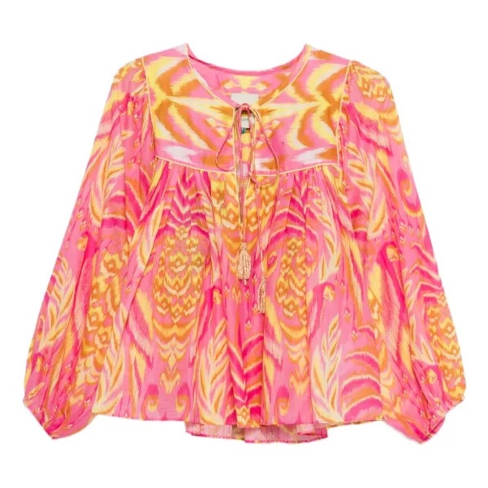 FARM Rio Pink and Yellow Printed Peasant Blouse